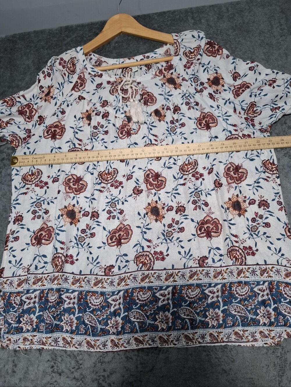 Lucky Brand Womens XL Cream Rust Peasant Boho Top Tassel Tie Paisley Floral - Picture 6 of 10